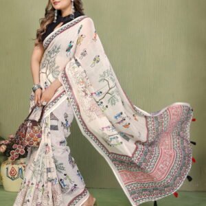 Premium Soft Linen Cotton Warli Multi Print Saree with Tassel Pallu & Unstitched Blouse