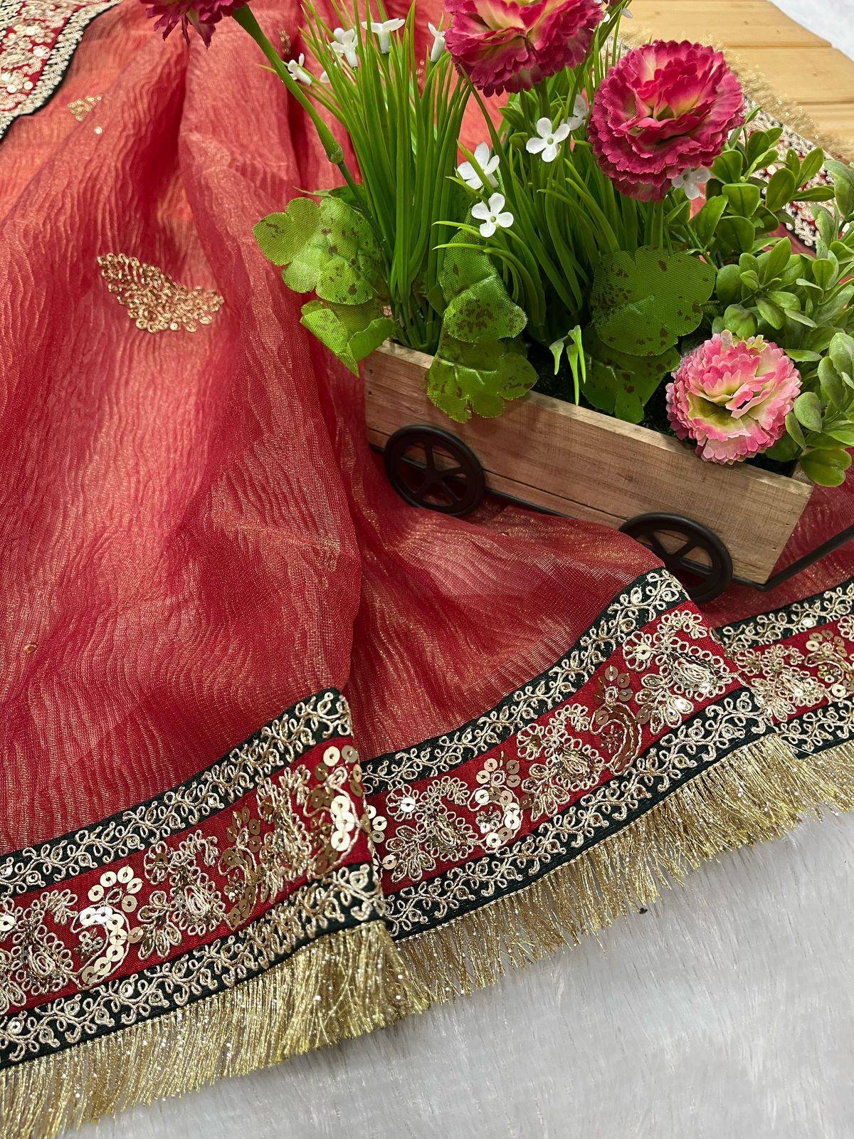 Antara — Traditional Banarasi Crush Saree with Sequins & Jari Embroidery | With Blouse Piece - Image 5