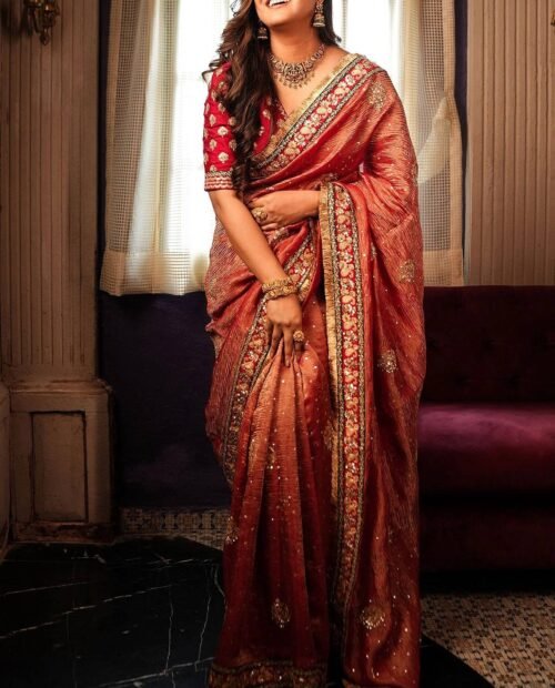 Antara — Traditional Banarasi Crush Saree with Sequins & Jari Embroidery | With Blouse Piece