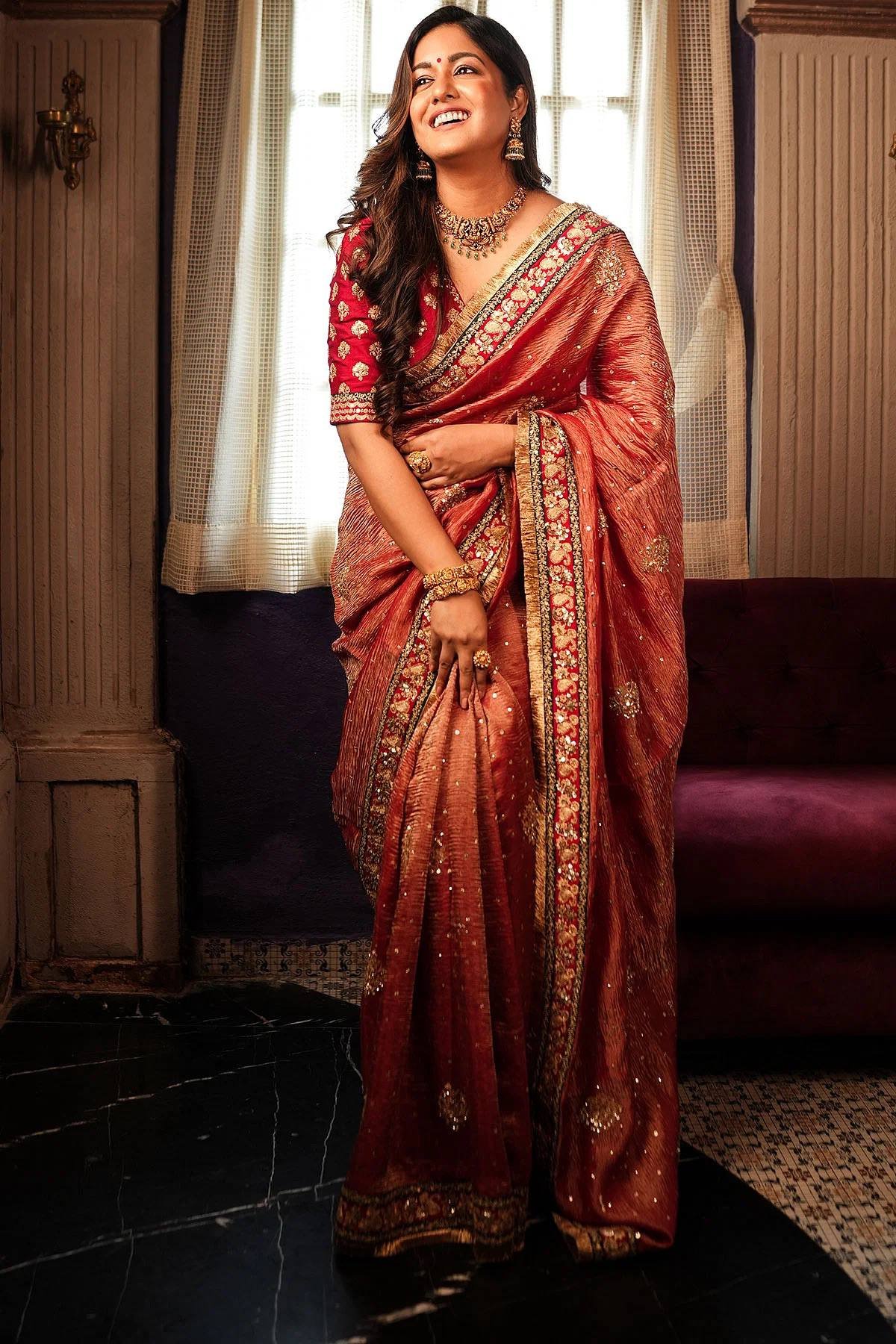 Antara — Traditional Banarasi Crush Saree with Sequins & Jari Embroidery | With Blouse Piece