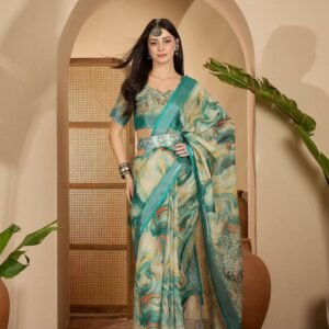 Aqua Marble Digital Print Linen Cotton Saree