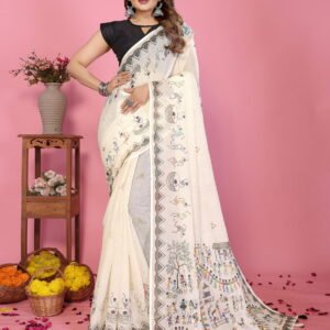 Warli Multi Soft Linen Cotton Printed Saree with Tassels & Blouse Piece