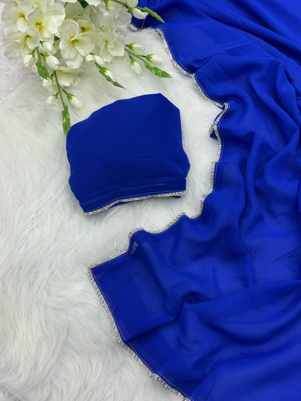Blue Bollywood-Inspired Faux Georgette Saree | With Blouse Piece - Image 10