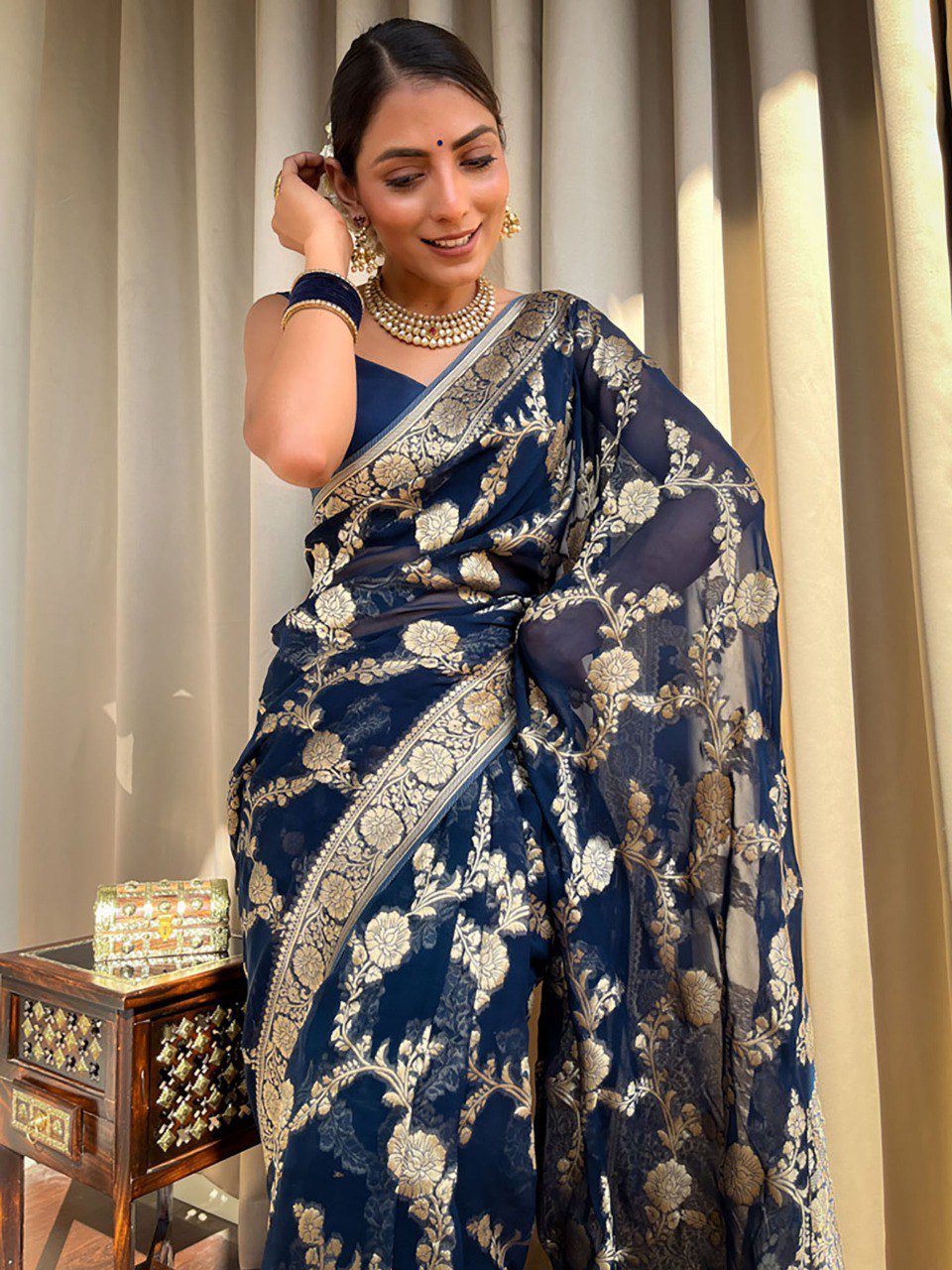 Blue | Elegant Banarasi Soft Silk Saree | With Blouse Piece - Image 2