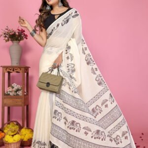 Premium Soft Linen Cotton Elephant Print Saree