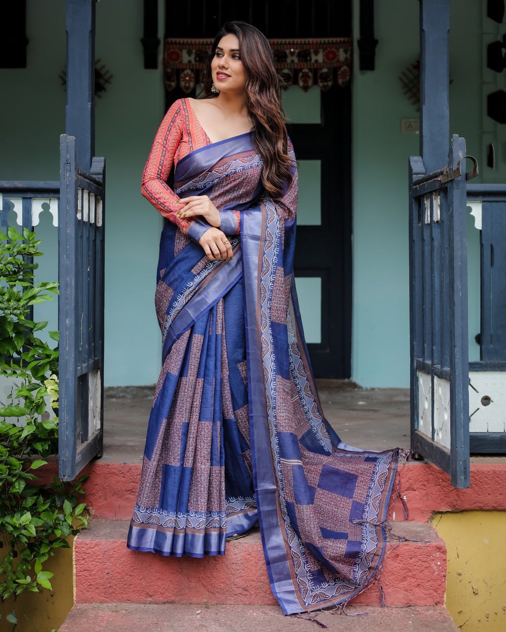 Deep Sapphire Blue Geometric Woven Linen Cotton Saree