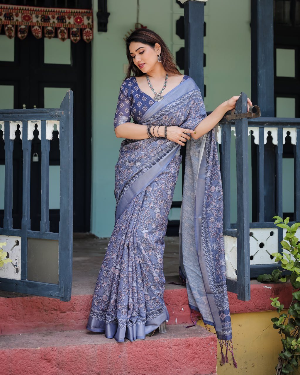 Elegant Grey-Blue Floral Linen Cotton Saree - Image 2