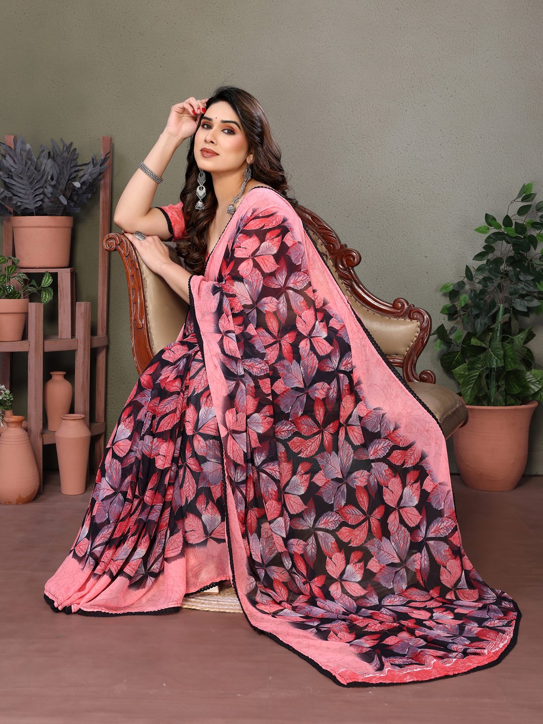 Elegant Heavy Chiffon Saree ✨ Beautiful Lace Border Finish