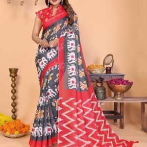 Elegant Ikkat Patola Linen Cotton Saree with Tassel Pallu & Matching Blouse