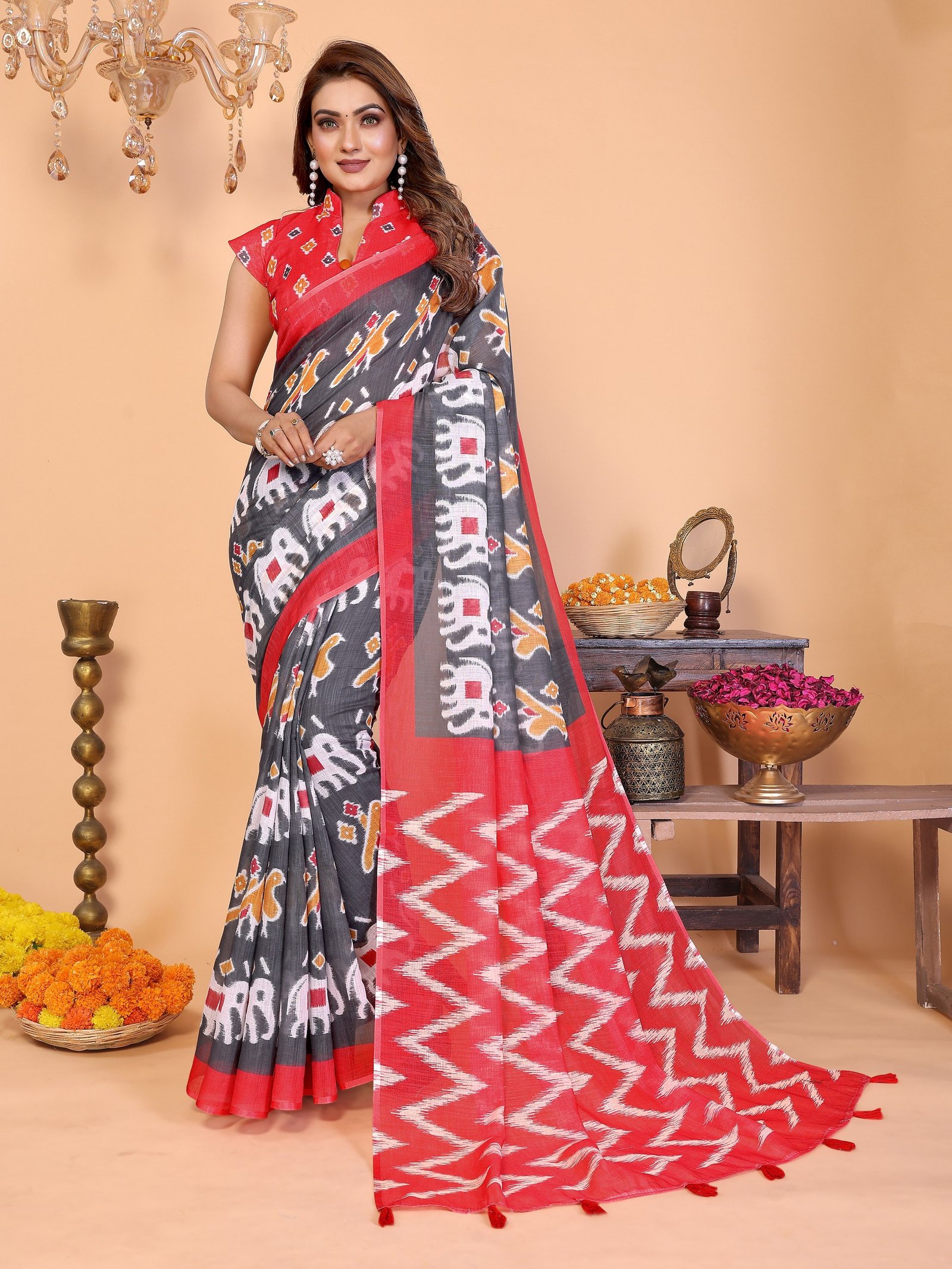 Elegant Ikkat Patola Linen Cotton Saree with Tassel Pallu & Matching Blouse