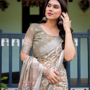 Elegant Off-White Linen Cotton Saree with Earthy Leafy Prints & Zari Border | With Blouse Piece