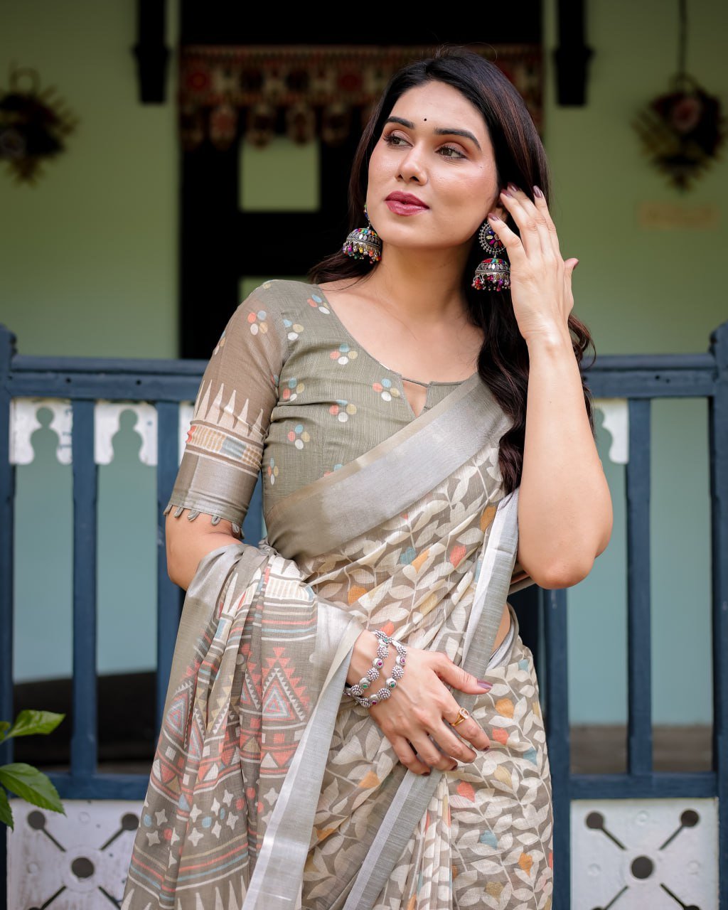 Elegant Off-White Linen Cotton Saree with Earthy Leafy Prints & Zari Border | With Blouse Piece