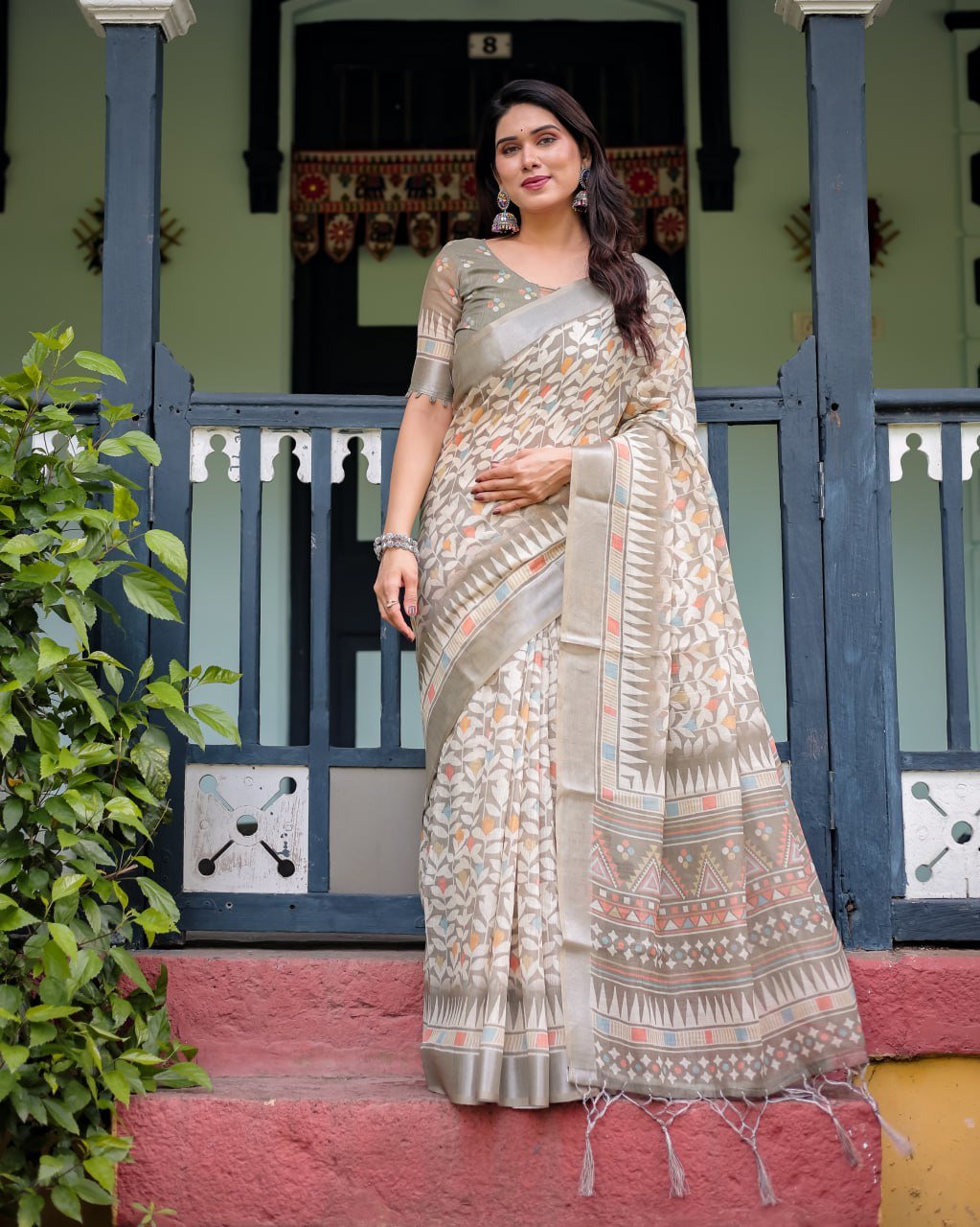 Elegant Off-White Linen Cotton Saree with Earthy Leafy Prints & Zari Border | With Blouse Piece - Image 7