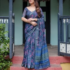 Indigo Bloom Linen Cotton Saree