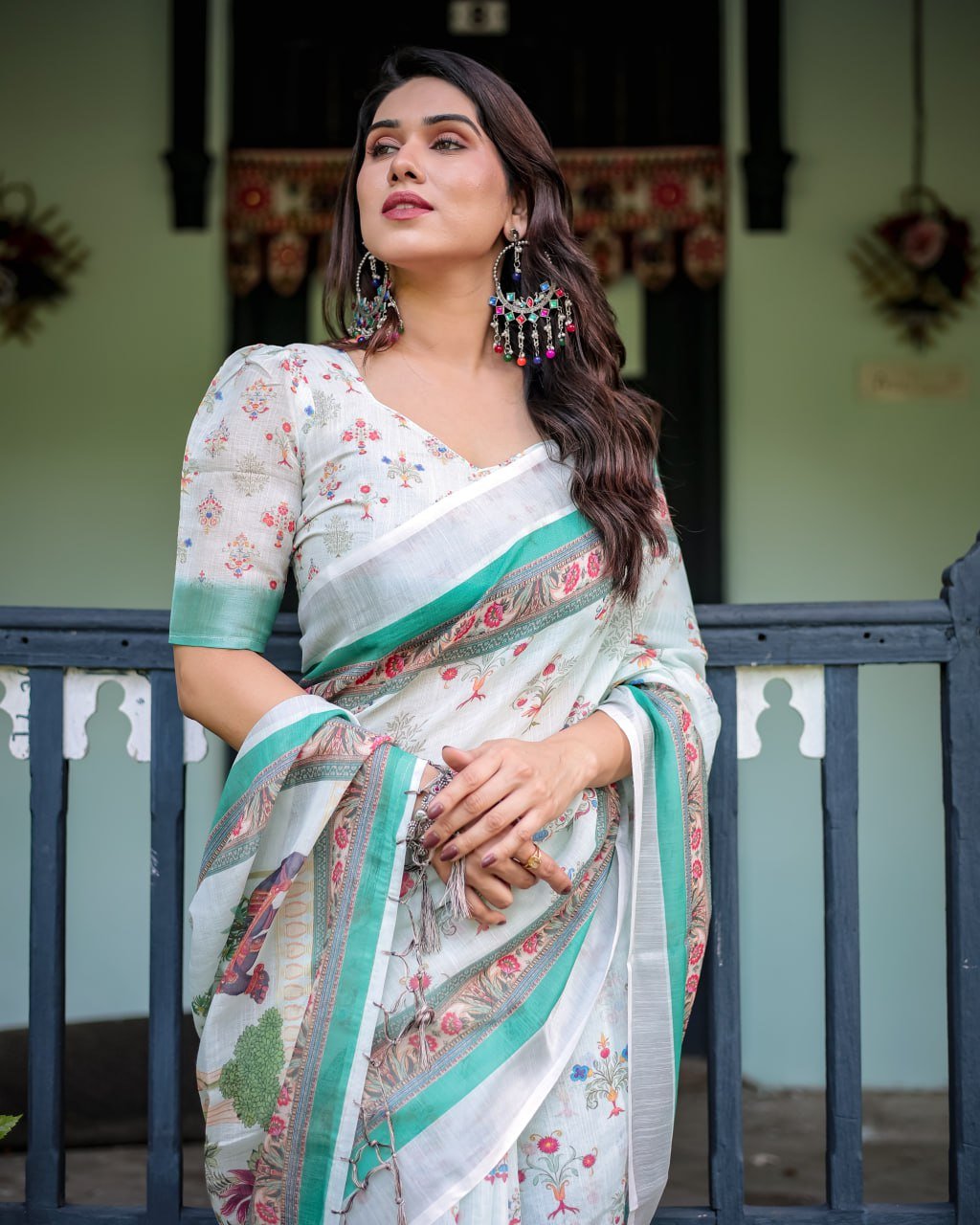 Ivory Mint Floral Linen Cotton Saree | With Blouse Piece - Image 10
