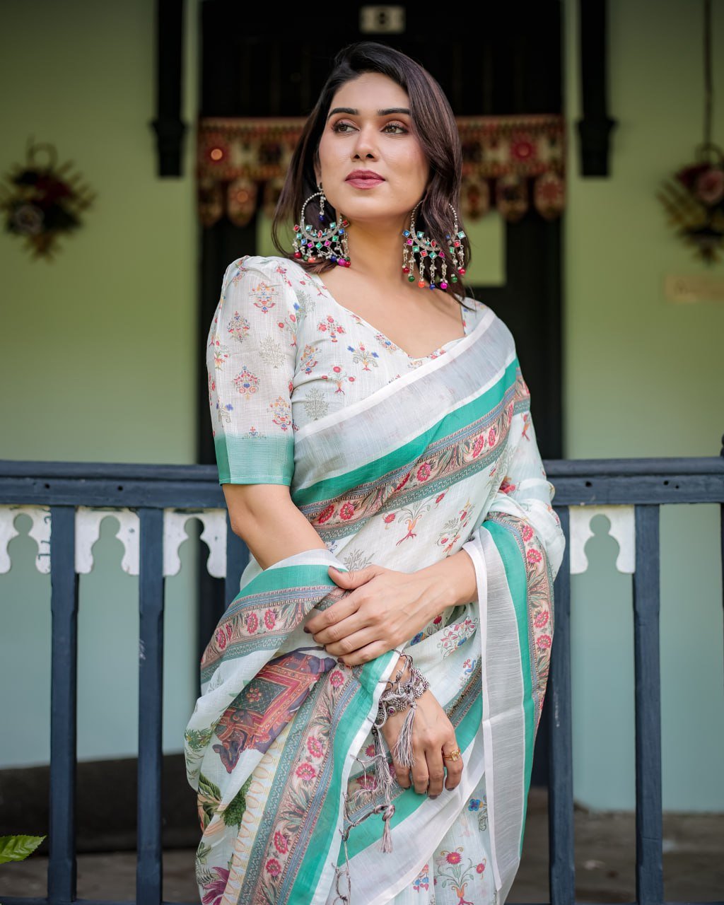 Ivory Mint Floral Linen Cotton Saree | With Blouse Piece