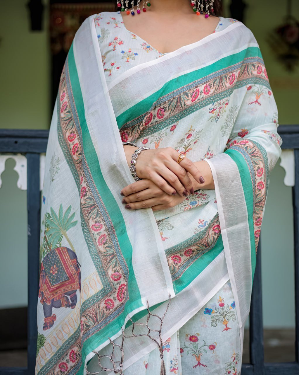 Ivory Mint Floral Linen Cotton Saree | With Blouse Piece - Image 3