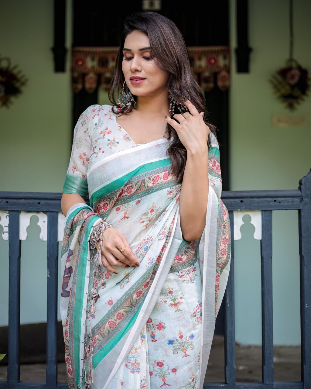 Ivory Mint Floral Linen Cotton Saree | With Blouse Piece - Image 5