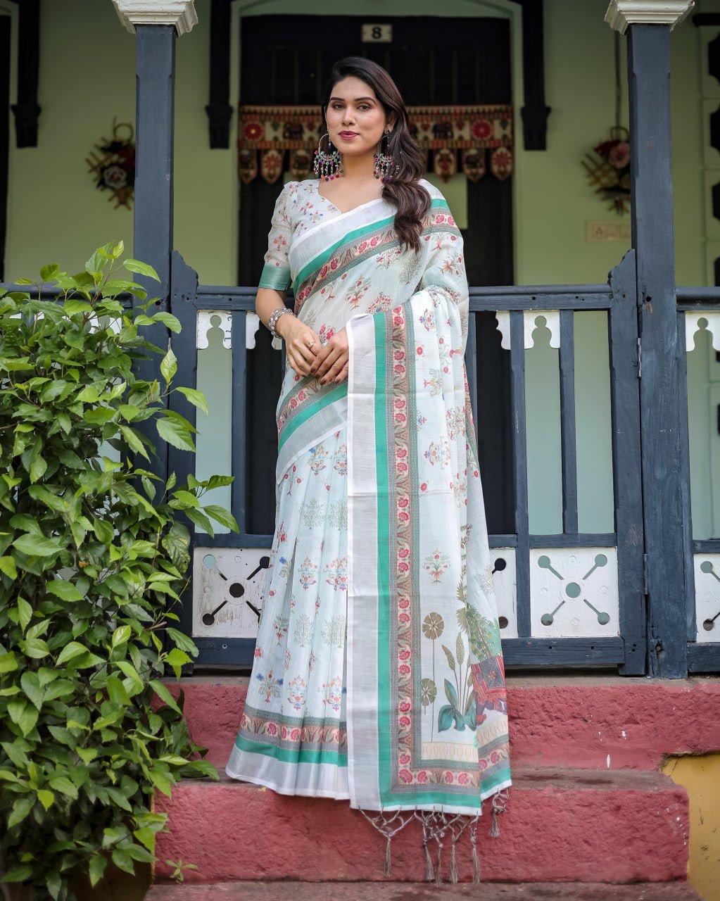 Ivory Mint Floral Linen Cotton Saree | With Blouse Piece - Image 6