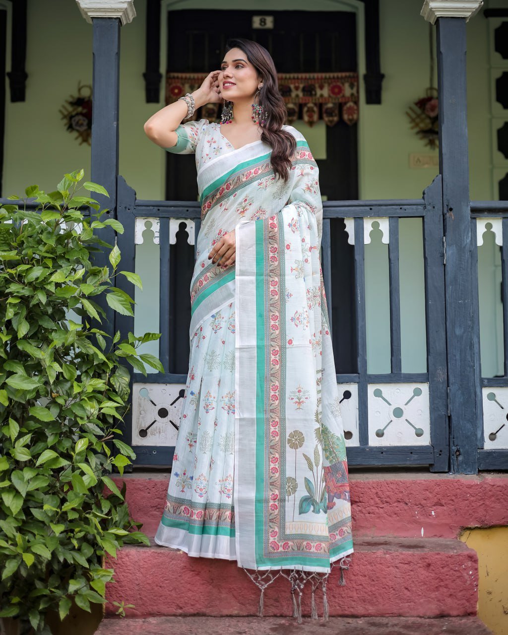 Ivory Mint Floral Linen Cotton Saree | With Blouse Piece - Image 4
