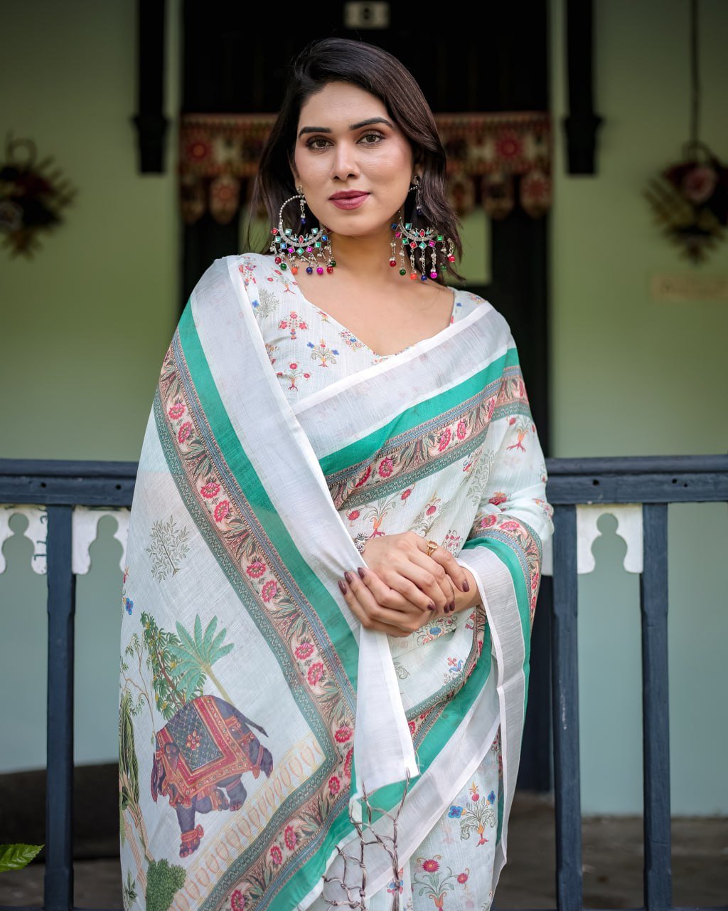 Ivory Mint Floral Linen Cotton Saree | With Blouse Piece - Image 9