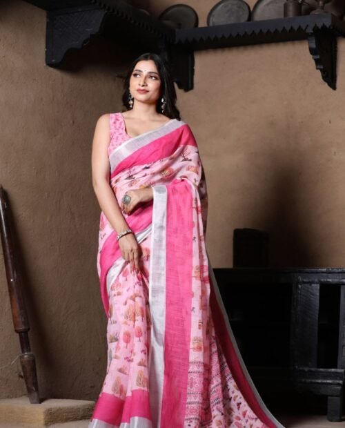 Linen Cotton Saree with Broad Contrast Zari Border