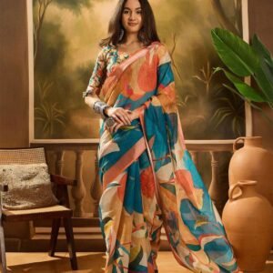 Painterly Abstract Digital Print Linen Cotton Saree