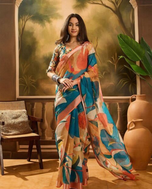 Painterly Abstract Digital Print Linen Cotton Saree
