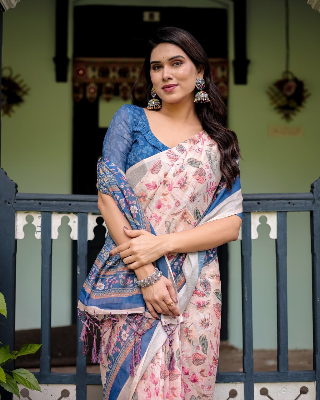 Peach Blue Floral Linen Cotton Saree | With Blouse Piece - Image 10