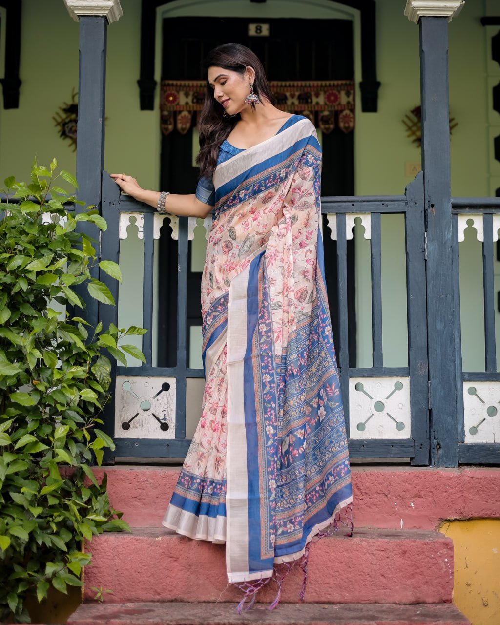 Peach Blue Floral Linen Cotton Saree | With Blouse Piece - Image 5