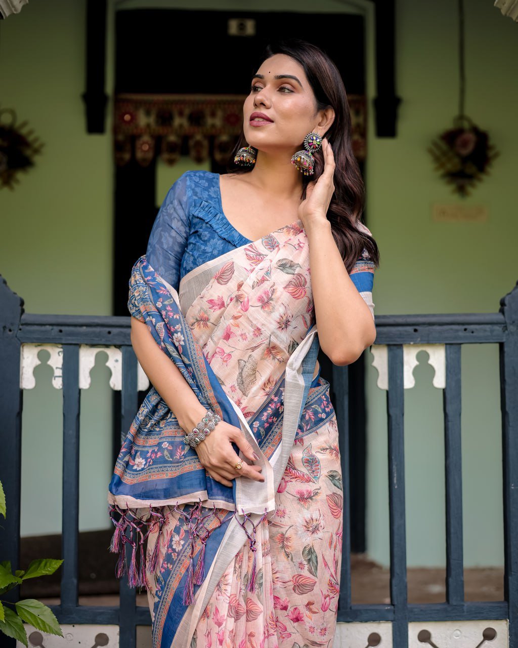 Peach Blue Floral Linen Cotton Saree | With Blouse Piece - Image 9