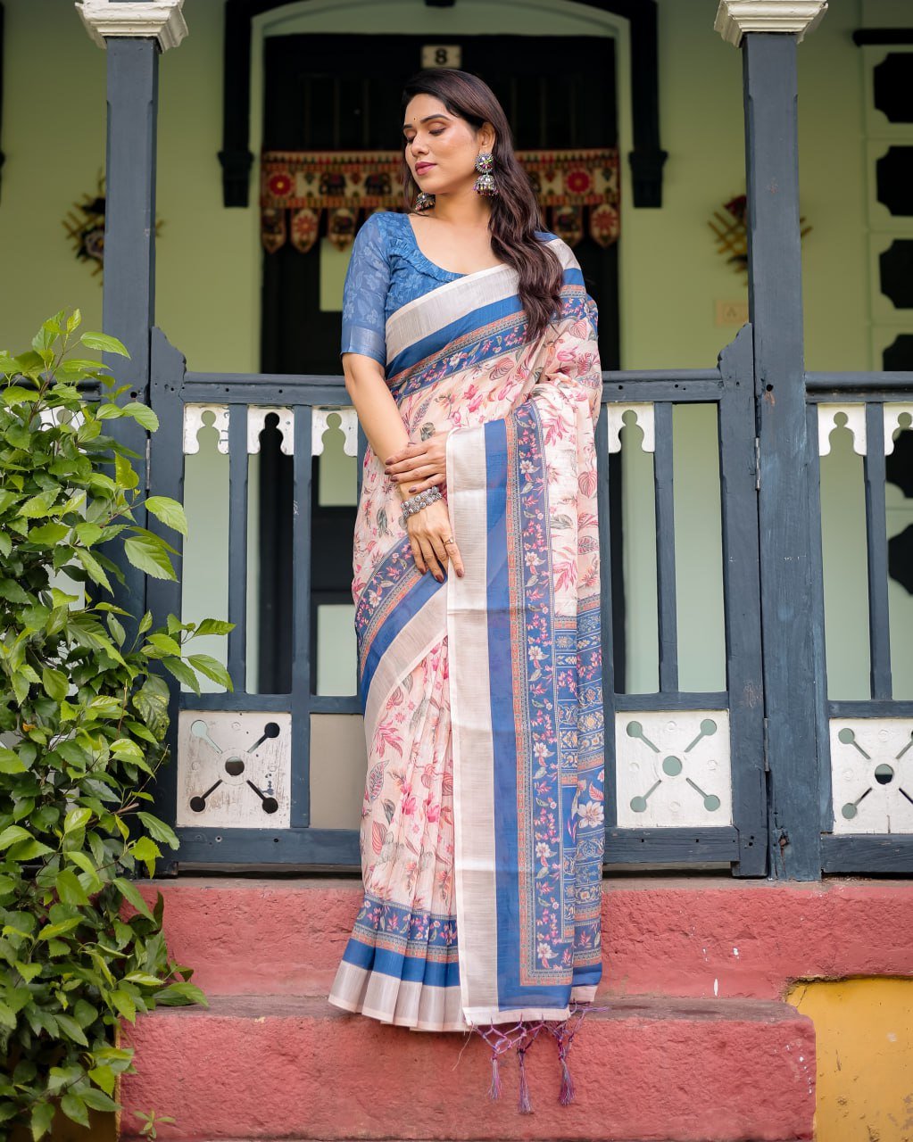 Peach Blue Floral Linen Cotton Saree | With Blouse Piece - Image 3