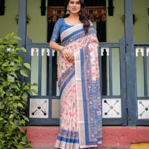 Peach Blue Floral Linen Cotton Saree | With Blouse Piece