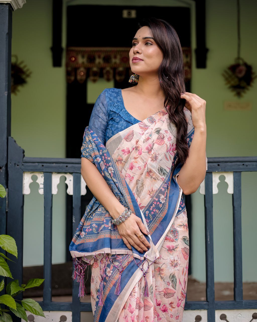 Peach Blue Floral Linen Cotton Saree | With Blouse Piece - Image 8