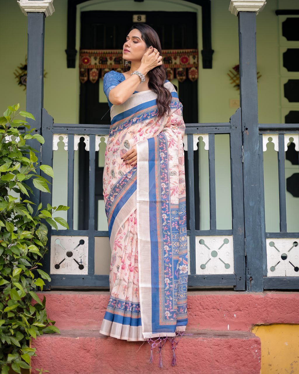 Peach Blue Floral Linen Cotton Saree | With Blouse Piece - Image 2