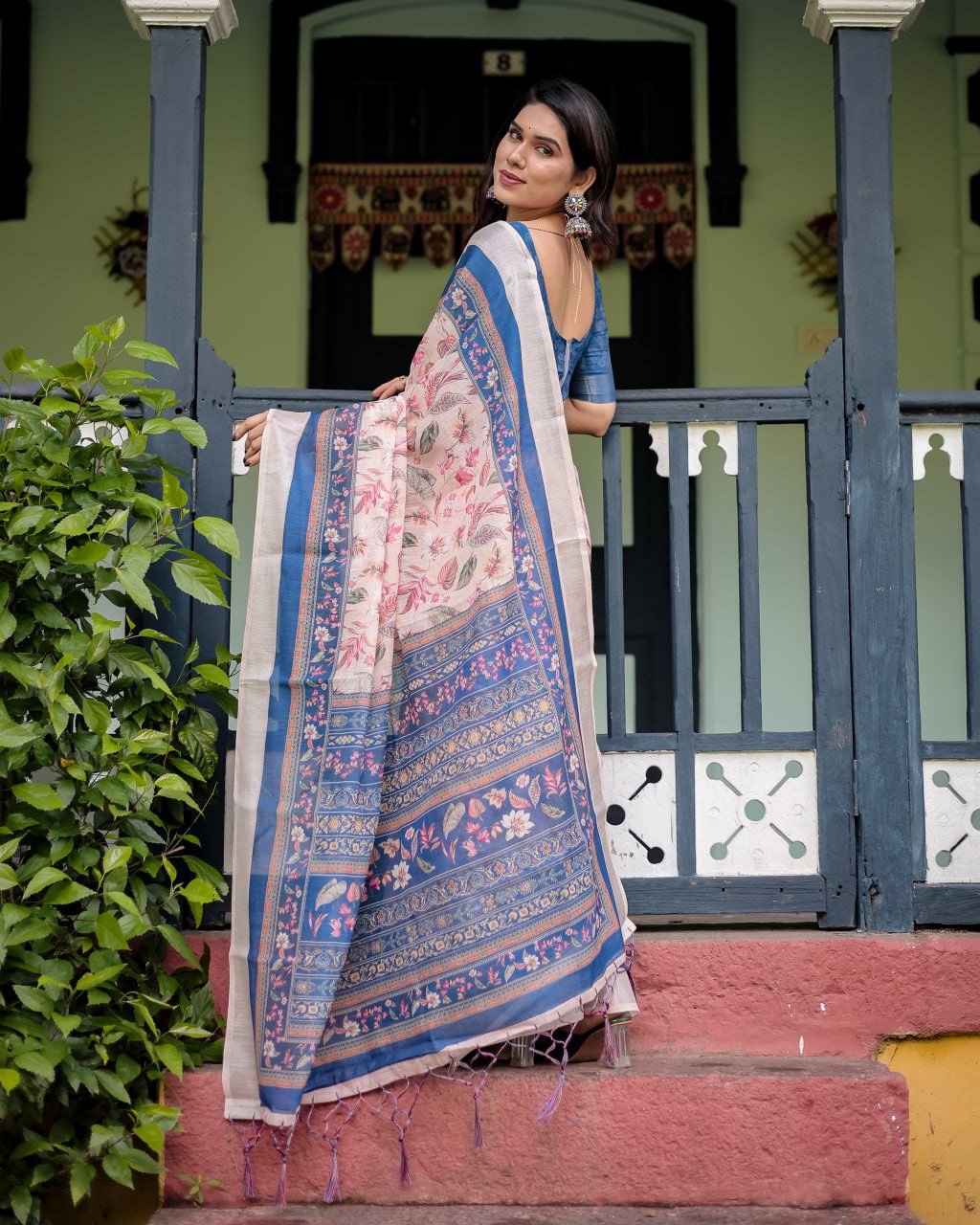 Peach Blue Floral Linen Cotton Saree | With Blouse Piece - Image 6
