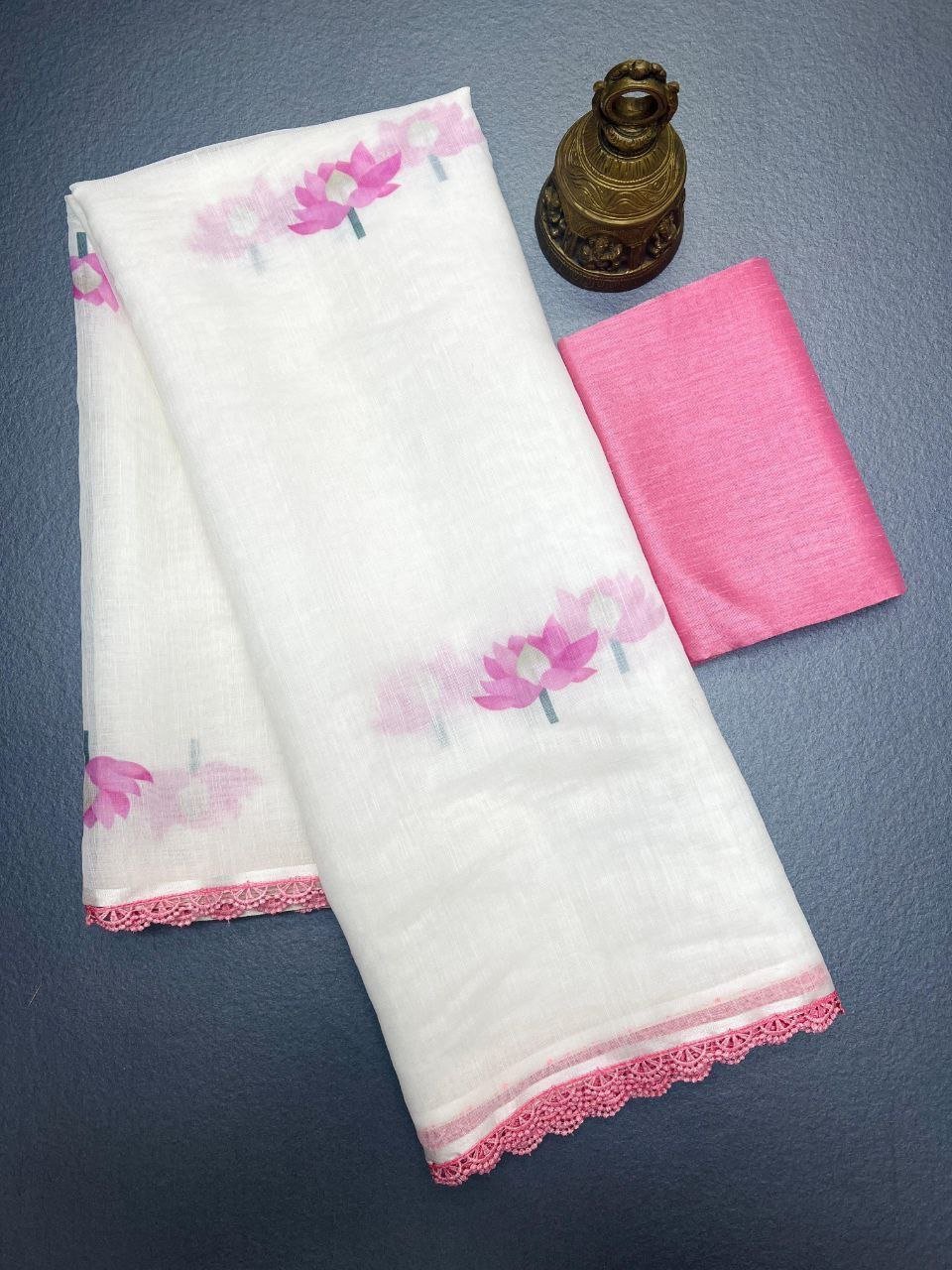 Premium Lilan Cotton Digital Print Saree with Rich Pallu & Lace Border - Image 5