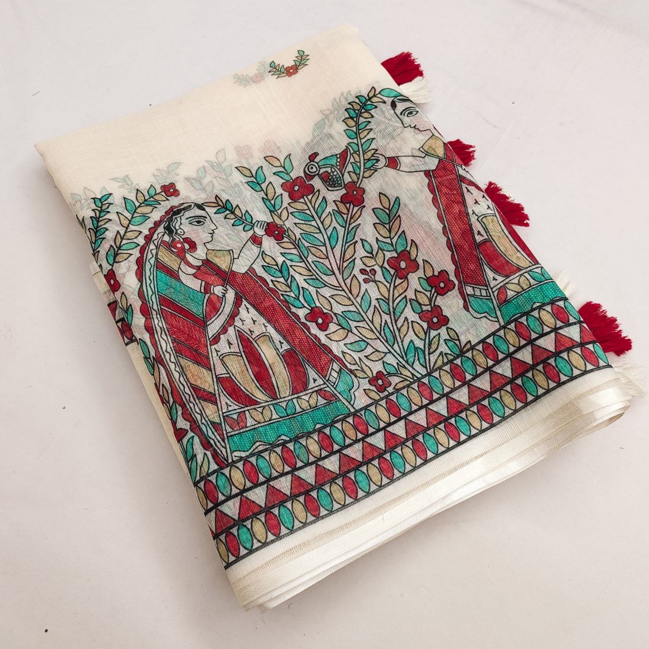 Premium Linen Cotton Printed Saree with Digital Print & Tassels - Image 4