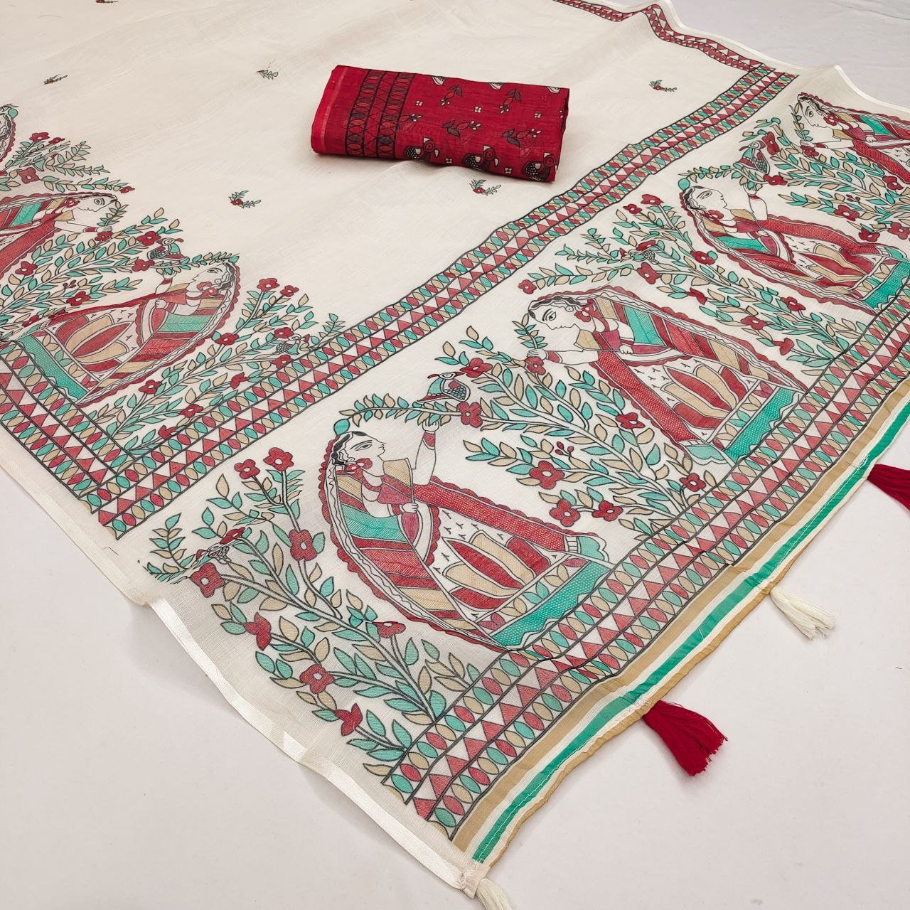 Premium Linen Cotton Printed Saree with Digital Print & Tassels - Image 6