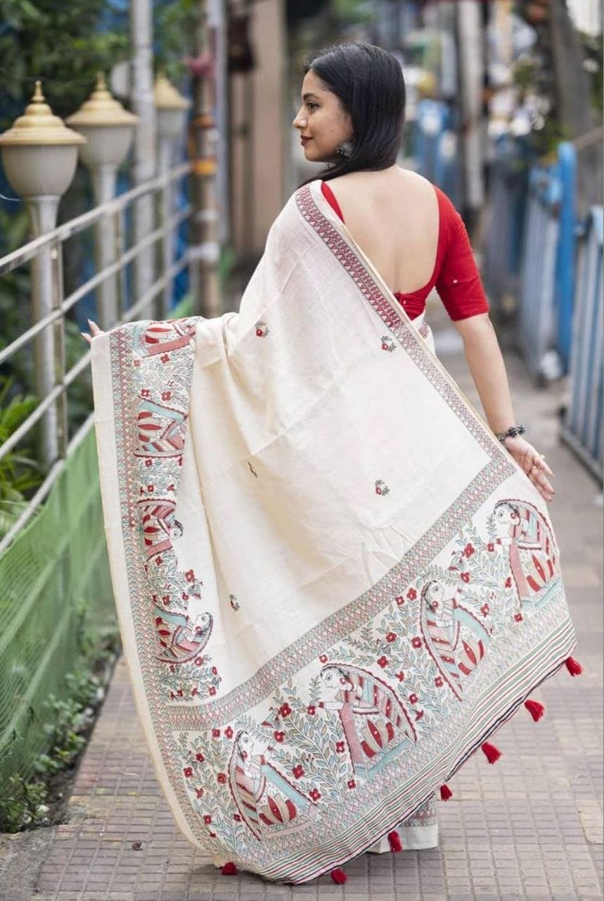 Premium Linen Cotton Printed Saree with Digital Print & Tassels - Image 3