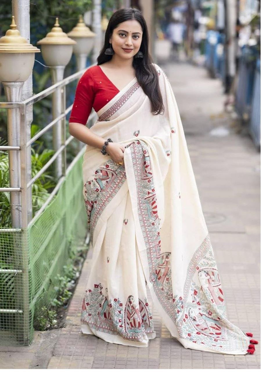 Premium Linen Cotton Printed Saree with Digital Print & Tassels - Image 2