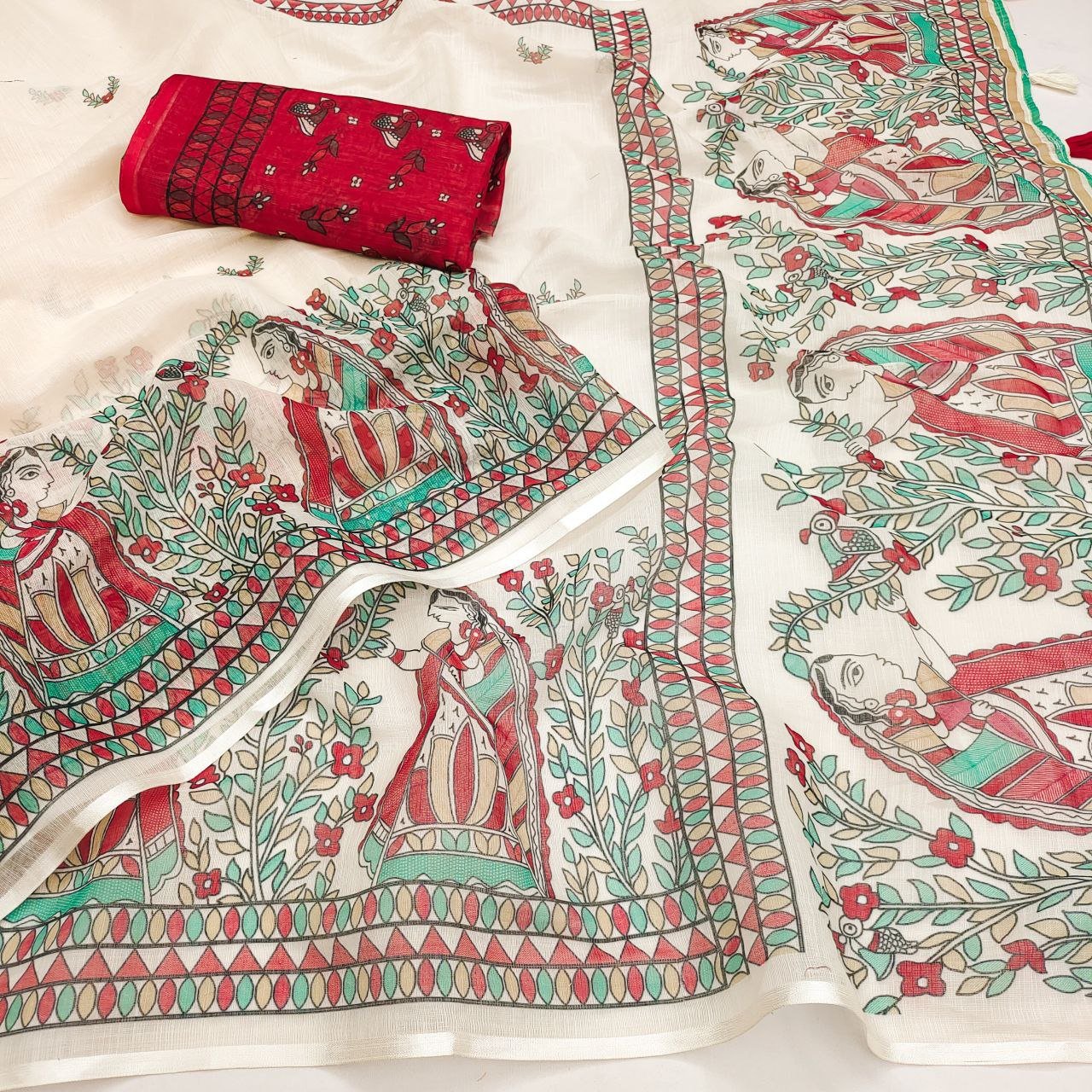 Premium Linen Cotton Printed Saree with Digital Print & Tassels - Image 5