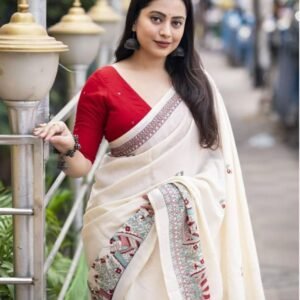 Premium Linen Cotton Printed Saree with Digital Print & Tassels