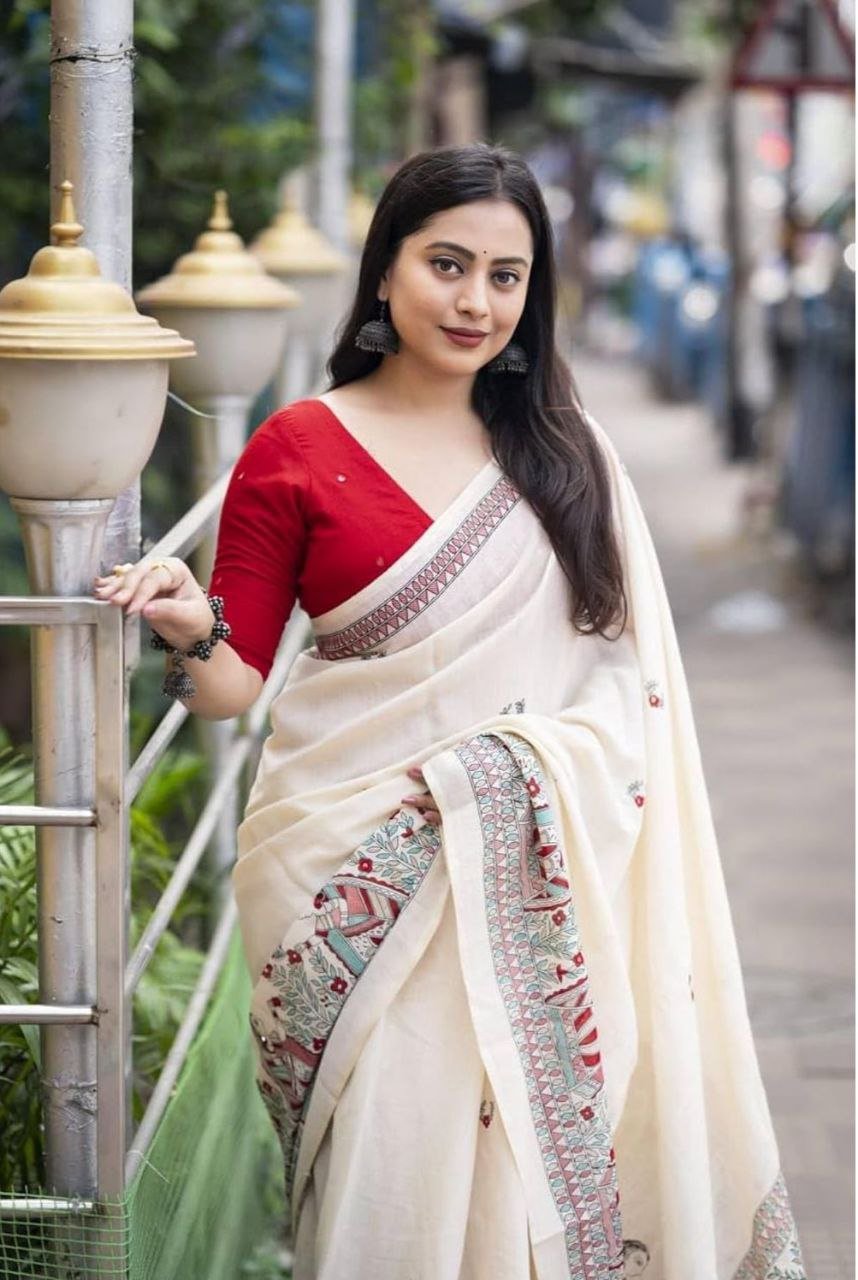 Premium Linen Cotton Printed Saree with Digital Print & Tassels