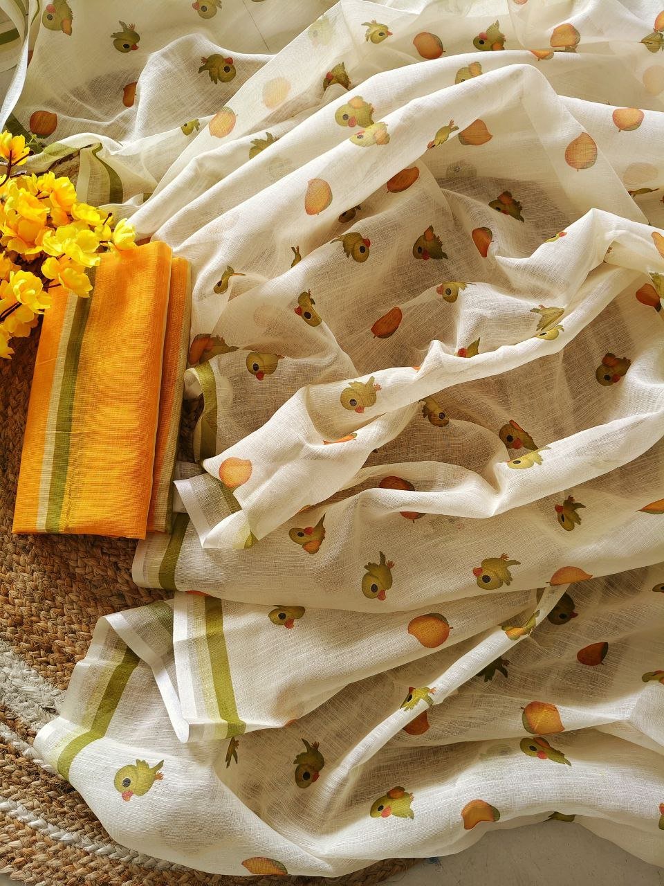 Premium Linen Saree with Mango & Parrot Digital Print - Image 5