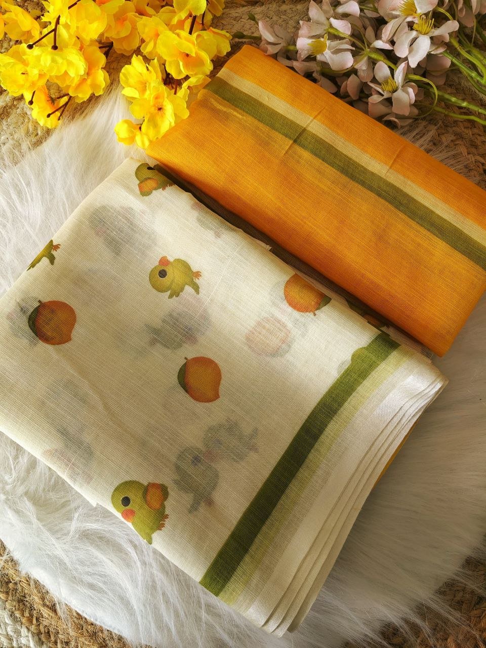 Premium Linen Saree with Mango & Parrot Digital Print - Image 4