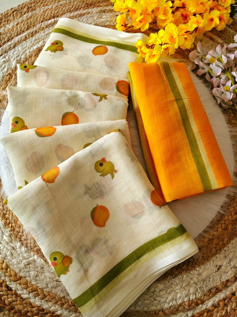 Premium Linen Saree with Mango & Parrot Digital Print - Image 6