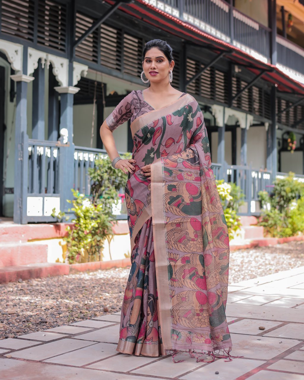 Premium Madhubani Print Linen Cotton Saree | With Blouse Piece - Image 5