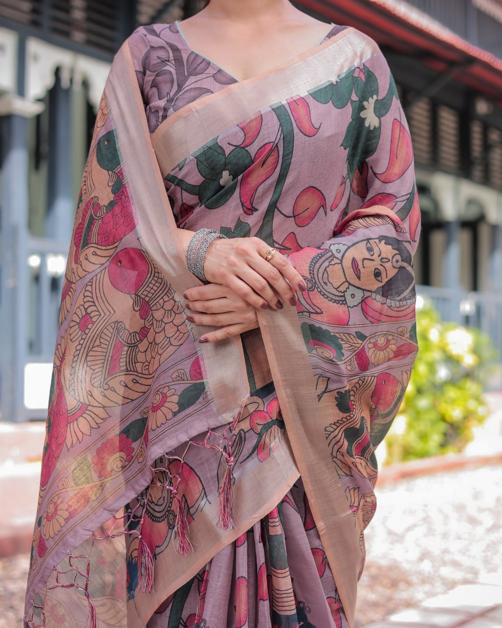 Premium Madhubani Print Linen Cotton Saree | With Blouse Piece - Image 2