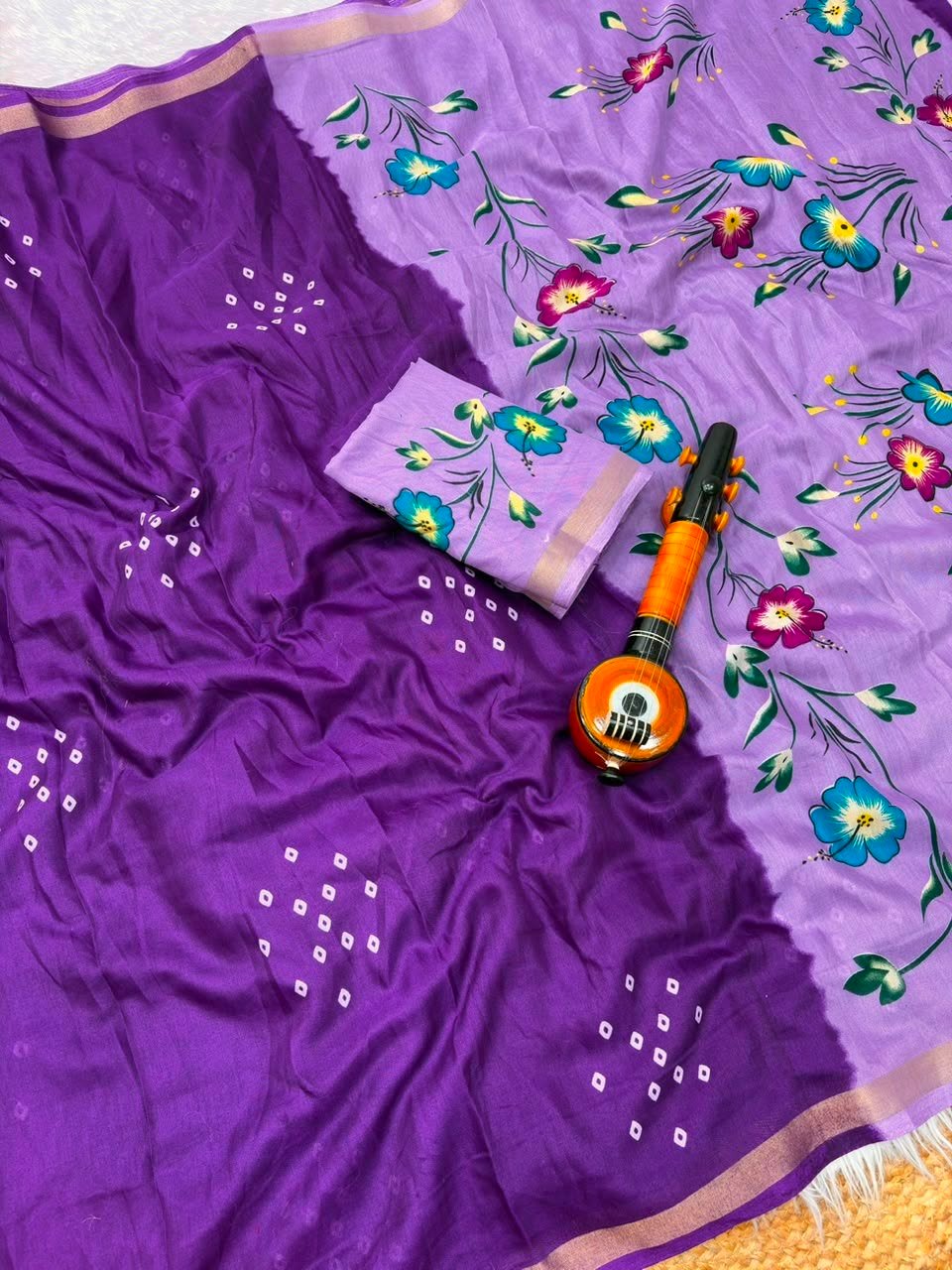 Premium Mul Cotton Silk Bandhej Design Saree with Traditional Zari Border - Image 2